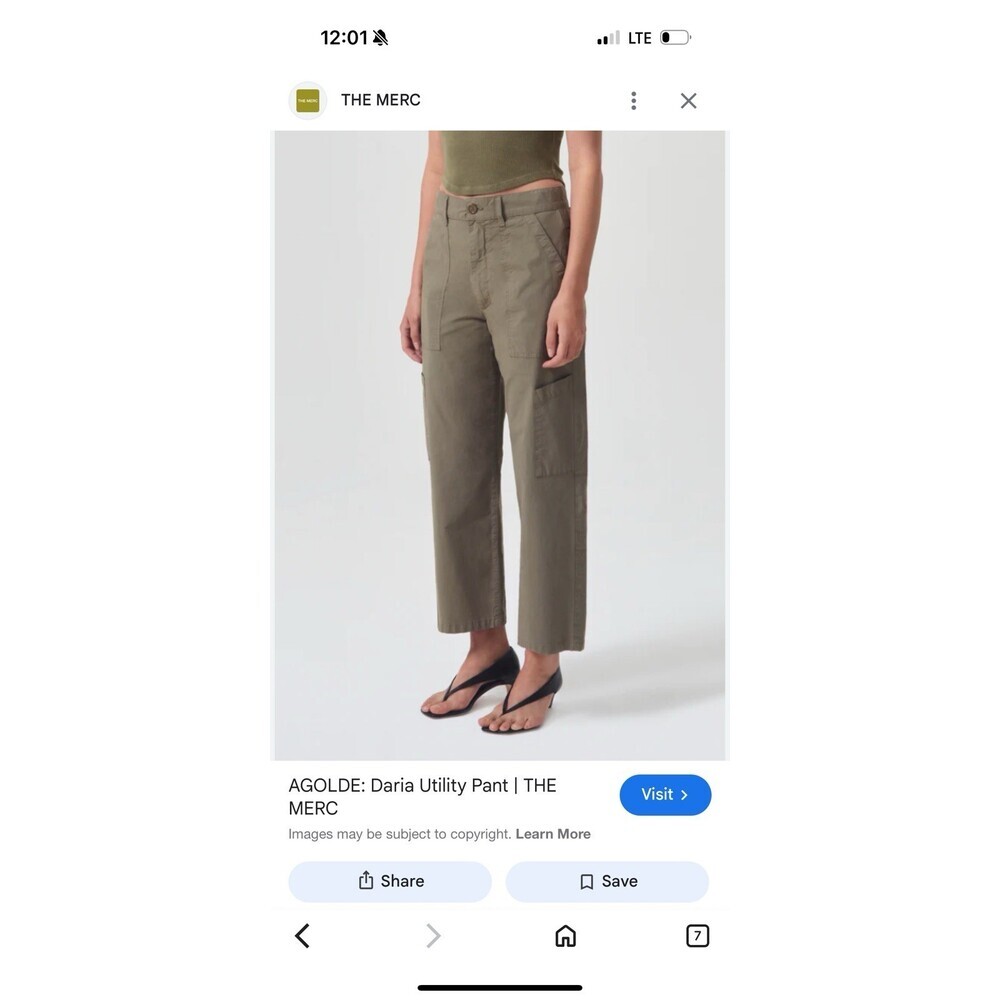 $228 Agolde Women's Daria Cargo Utility Pant Green Khaki 27 Wide Leg High Waist